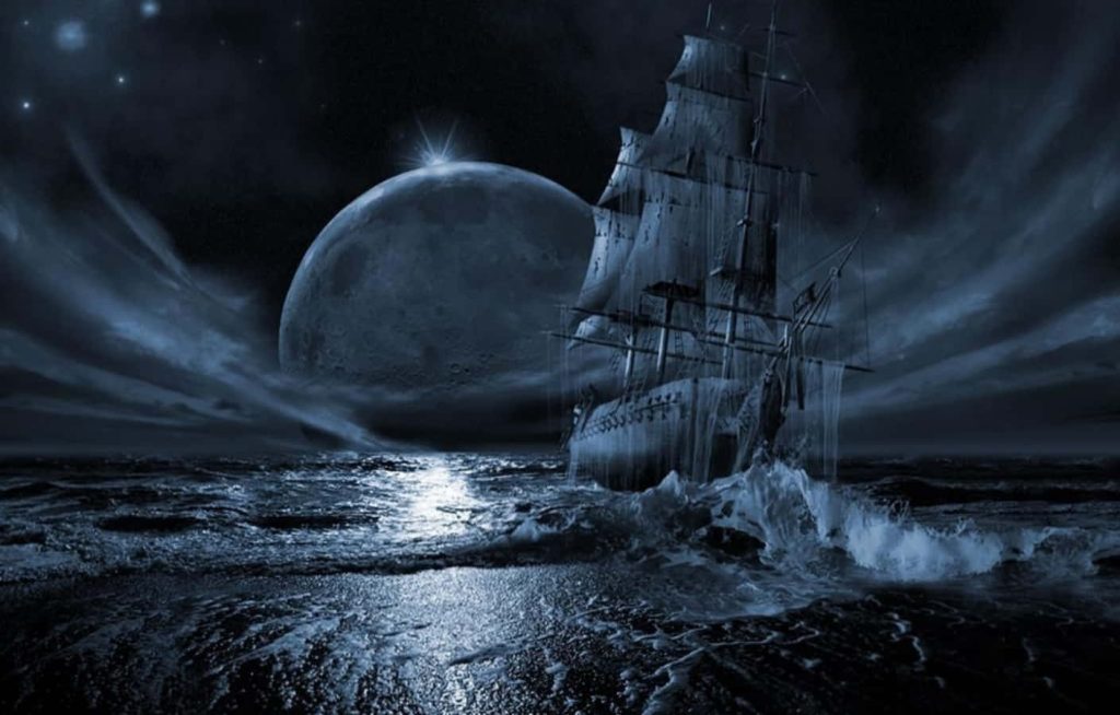 Gothic ghost ship sailing dark ocean under full moon eerie cinematic digital art wallpaper