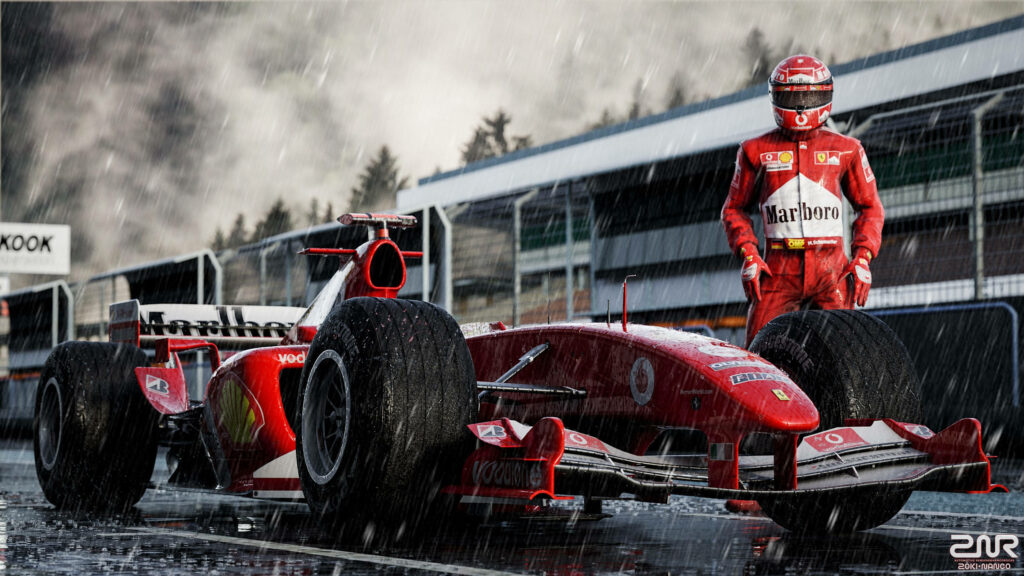 Speed Demon: A Captivating Snapshot of a Formula One Race Car with the Driver Enthusiastically Posing Alongside Wallpaper