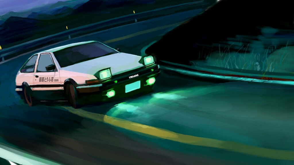 Speeding Through the Night: Vintage Trueno's Enchanting Green Glow in Initial D's Racing World Wallpaper
