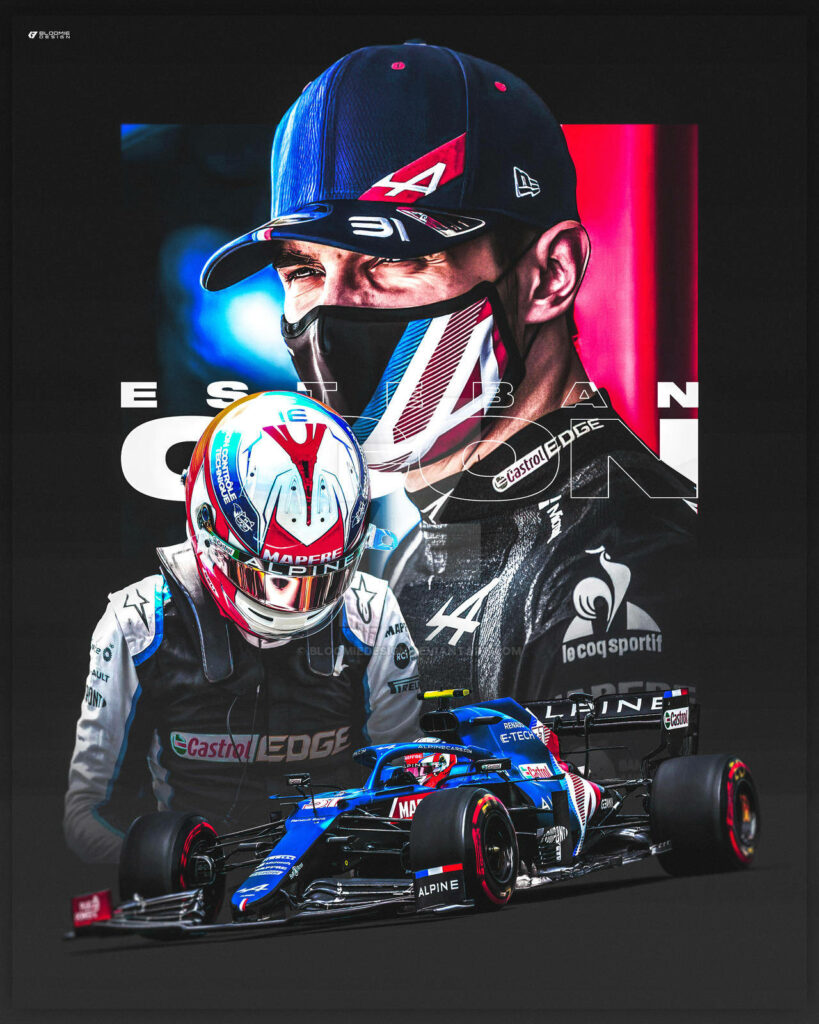 Racing Visions: Esteban Ocon Embracing Speed and Style against a Mysterious Black Backdrop Wallpaper