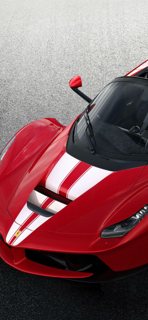 Roaring Elegance: A Breathtaking Overhead Shot of a Stunning Laferrari Aperta With White Hood Stripes on Ferrari Phone Background Wallpaper