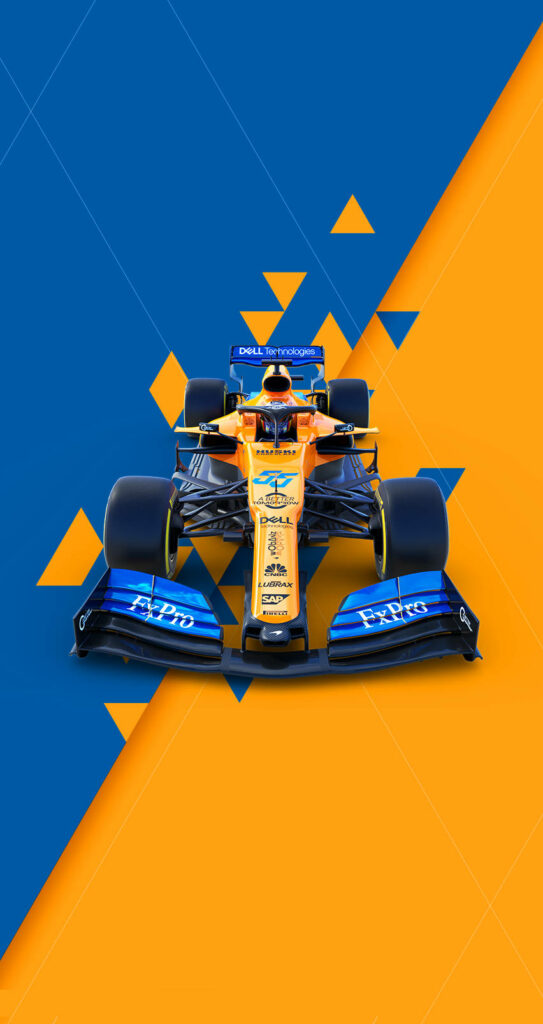 Futuristic F1 Fusion: iPhone Background flaunting MCL35 Racing Car Against Triangular Abstract in Blue and Orange Wallpaper