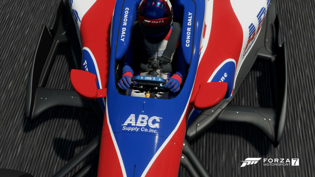 Forza Motorsport 7 Wallpaper: Sleek Racing Car at Starting Line with Red and Blue Livery