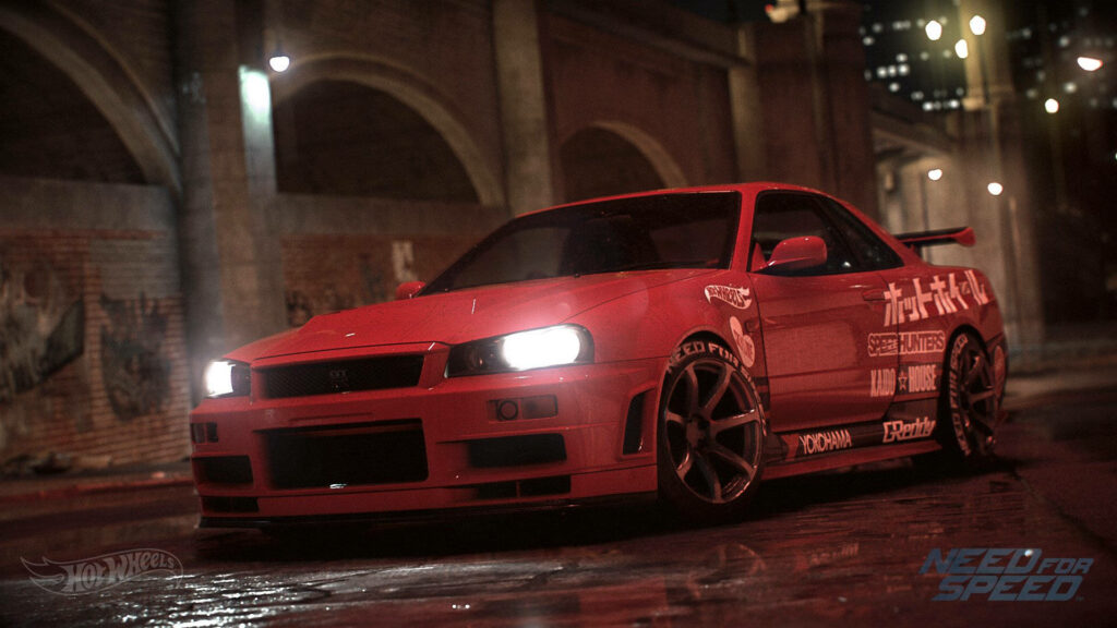 Roaring through the Night: Red Nissan Skyline GT-R R34 Illuminates the Streets in this Need for Speed Background Wallpaper