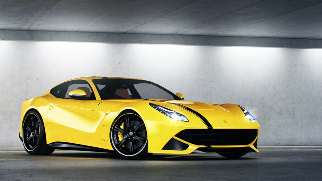 Yellow Ferrari F12 Berlinetta Parked in a Garage Background Wallpaper