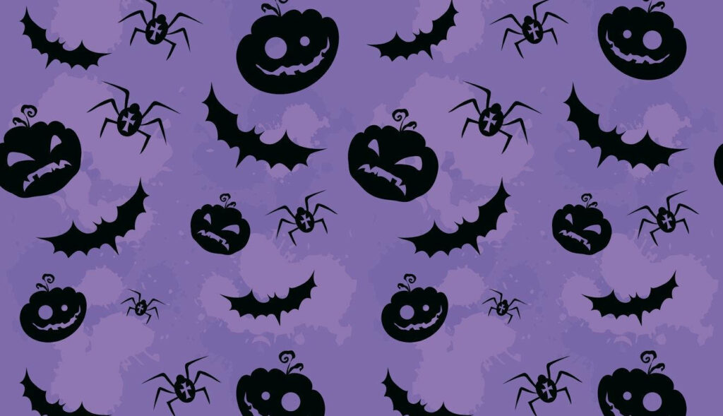 Spooky Patterns: Halloween-themed Laptop Background featuring Black Elements on a Gradient Violet Canvas Wallpaper
