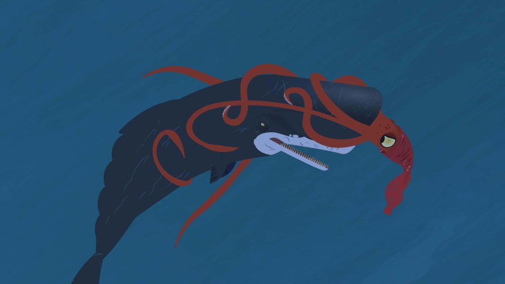 Digital illustration of a sperm whale battling a giant red squid in deep blue ocean background Wallpaper
