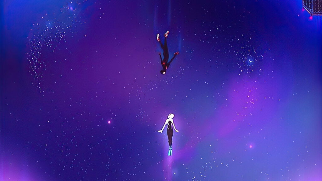 Spider Gwen and Miles Spider-Man float in a vibrant cosmic superhero HD wallpaper background.