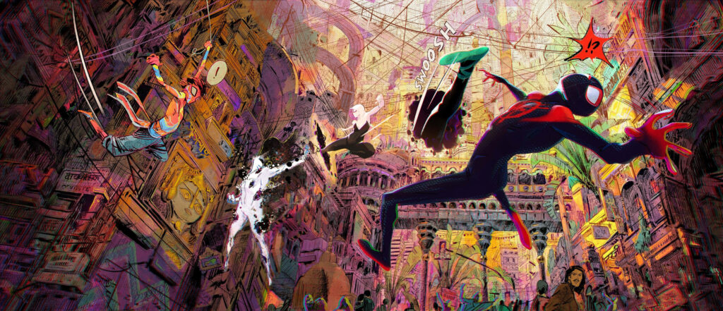 Spider-Man Across the Spider-Verse wallpaper showing multiple Spider-People swinging in vibrant cityscape