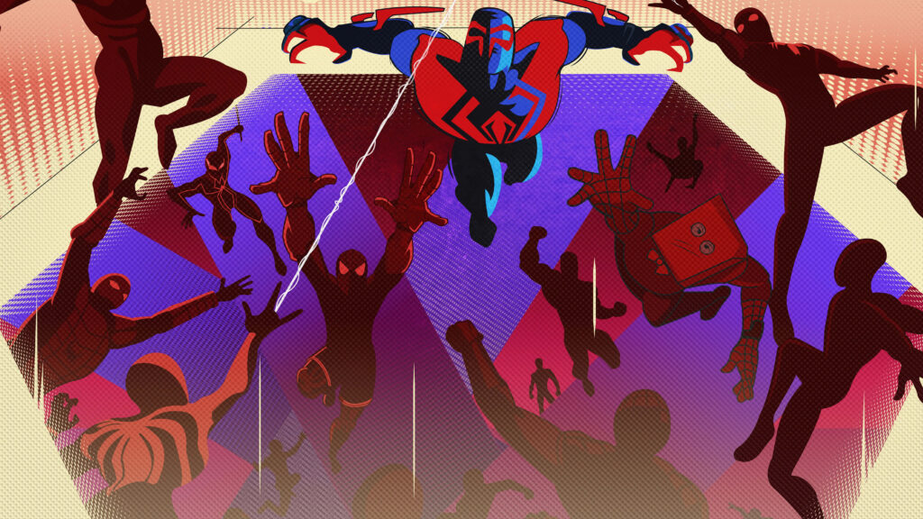 Spider-Man Across the Spider-Verse wallpaper with multiple Spider-People in vibrant action pose