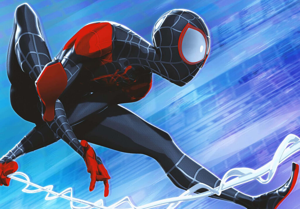 Dynamic Miles Morales Spider-Man Pose on Vibrant Blue Background Image Wallpaper