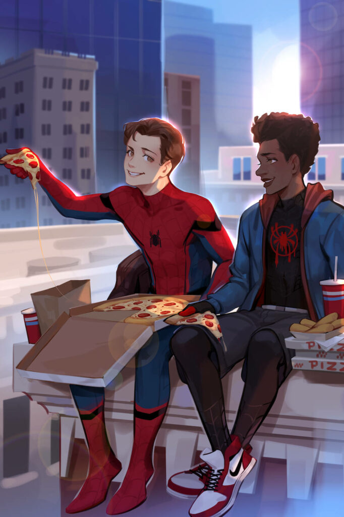 Web-slinging Heroes Enjoying a Slice: A Vibrant NYC Rooftop Encounter Wallpaper