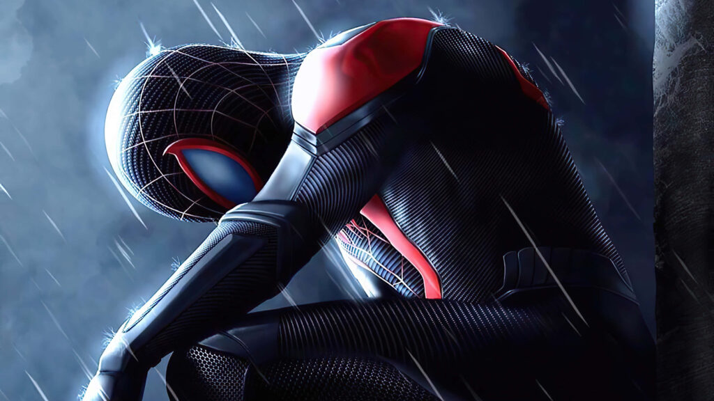 Webbed Hero: Spider-Man's Solemn Soak in the Rain Wallpaper