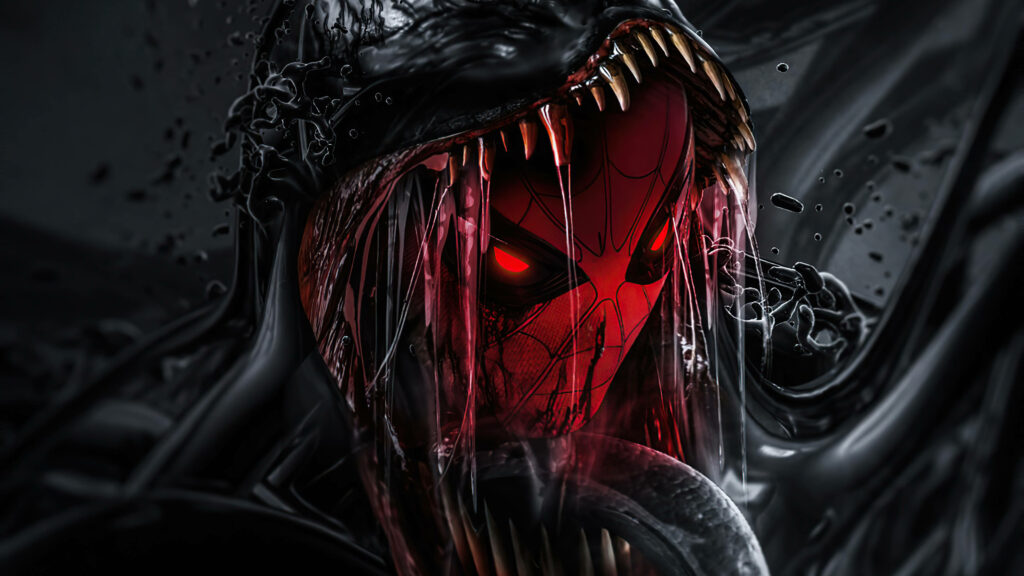 Venom's Gnawing Grasp: Spider-Man Engulfed within Dark Abstract Abyss, Captured in Breathtaking 4K Ultra HD Wallpaper
