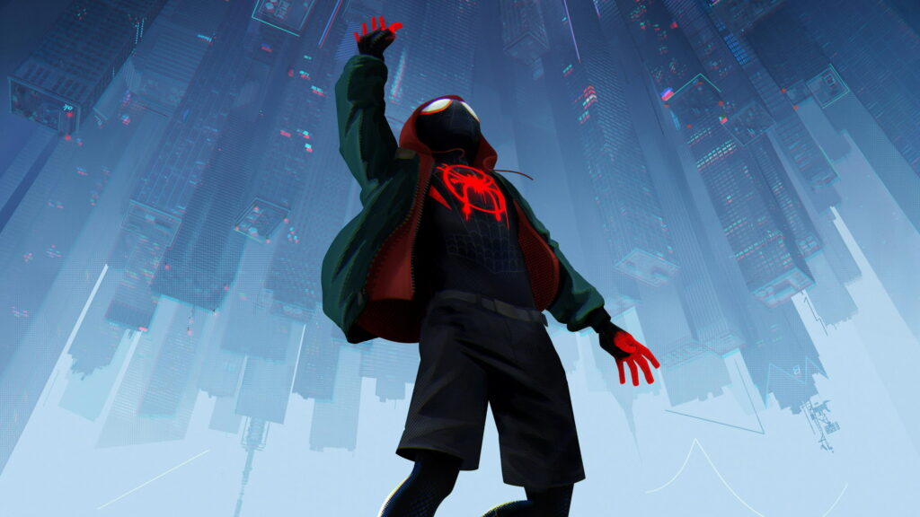 Miles Morales Spider-Man Wallpaper: Heroic Pose in Urban Cityscape
