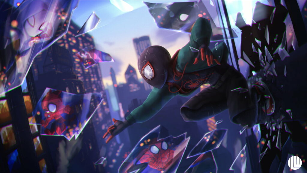 Dynamic Miles Morales Spider-Man smashing through glass in urban nightscape - striking black and red suit wallpaper for Spider-Verse fans!