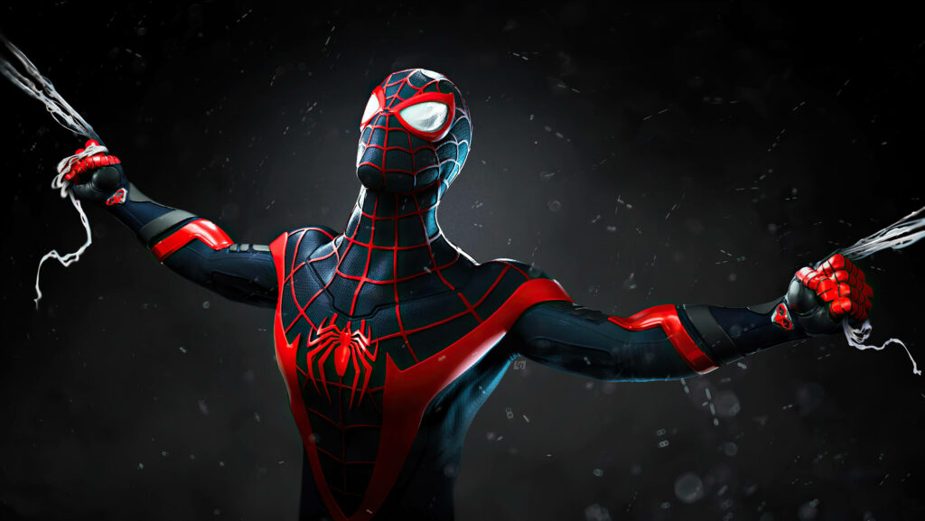 Dynamic Miles Morales Spider-Man Wallpaper Illustration - Black and Red Costume with Spider-Webbing - Dark Atmospheric Background art piece