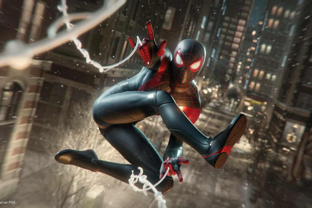 Web-Slinging Superhero, Miles Morales, Strikes a Pose on PS5: Immersive Action Gaming Unleashed! Wallpaper