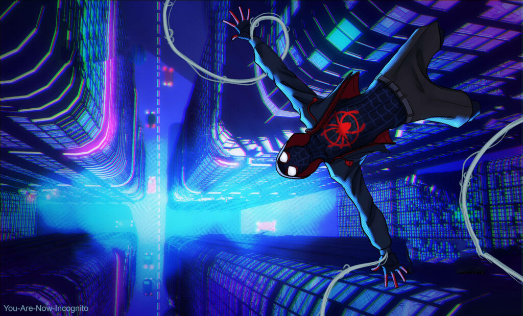 Neon-lit urban wallpaper of Spider-Man: Miles Morales in action, embodying modernity