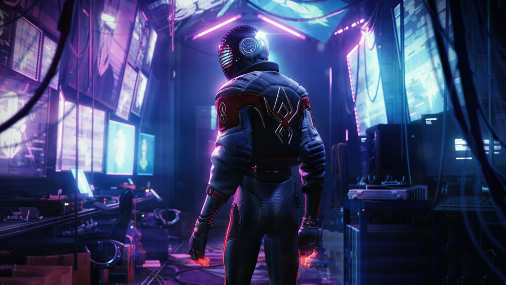 Miles Morales Spider-Man Dynamic Wallpaper in High-Tech Room - Modern Superhero Digital World Background Image