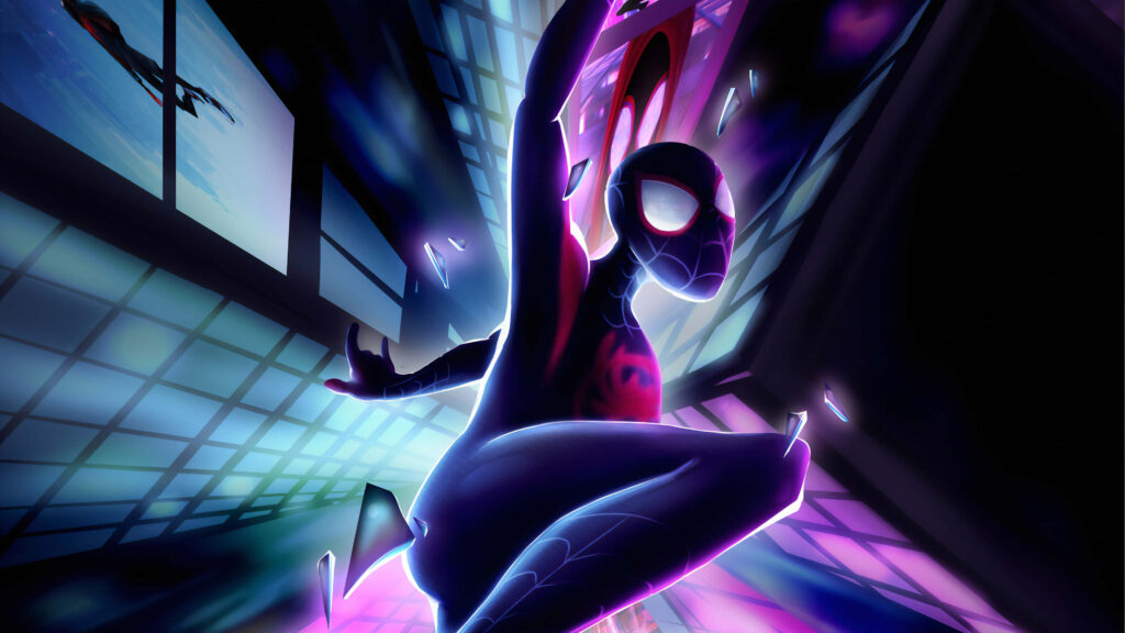 Swinging into the Horizon: Spider-Man Miles Morales Soars Above Urban Skyscrapers Wallpaper