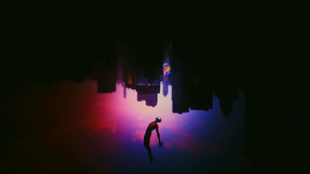 Vibrant Miles Morales Spider-Man Wallpaper Against Inverted Cityscape Silhouettes