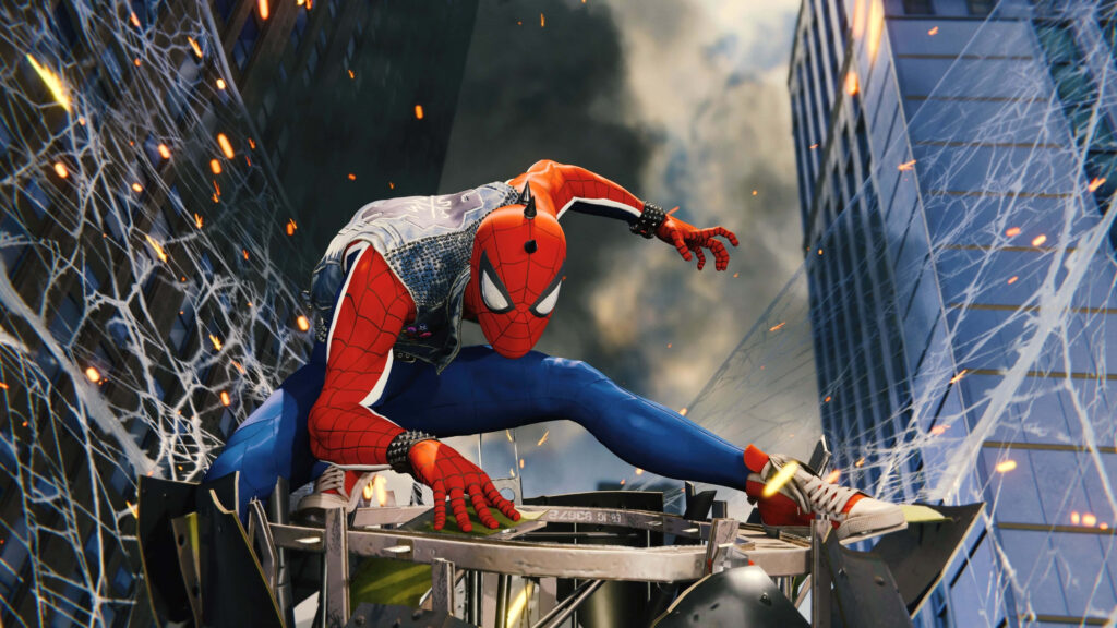 Spider-Man poised on metal structure, ready to leap, vibrant wallpaper for fans