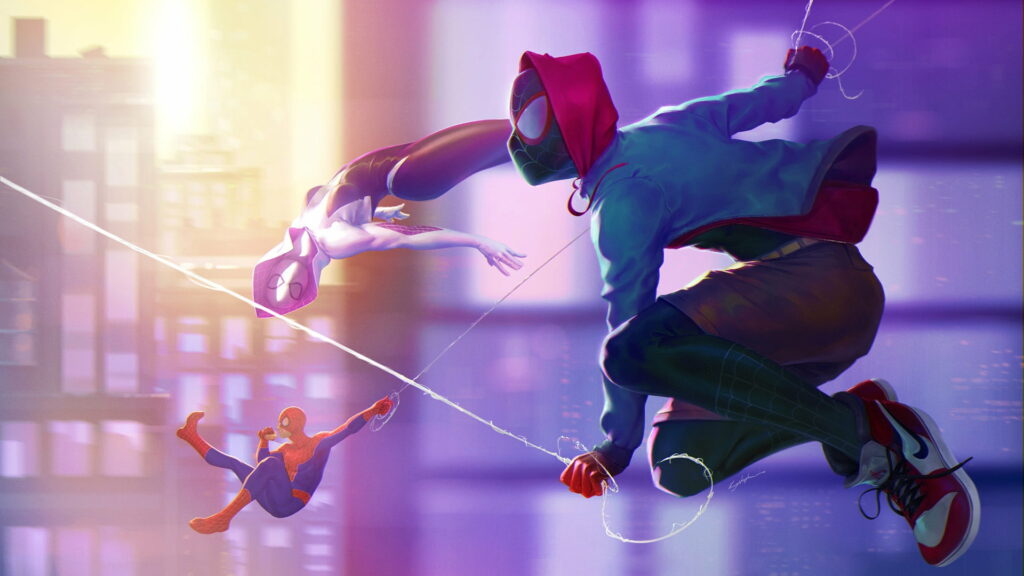 Web-Warriors United: An HD Wallpaper Featuring Spider-Man, Peter Parker, Gwen Stacy, and Miles Morales in Stunning Artwork