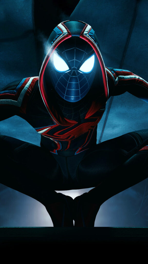 The Spectacular Nightcrawler: A Jaw-Dropping Marvel Phone Wallpaper Featuring Spider-Man Donning a Stealthy Hooded Black Suit and Illuminated Eyes