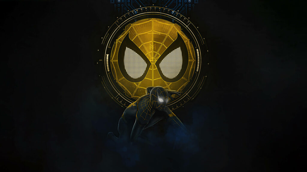 Spider-Man Crouched Wallpaper: Dark Background & Golden Mask Design