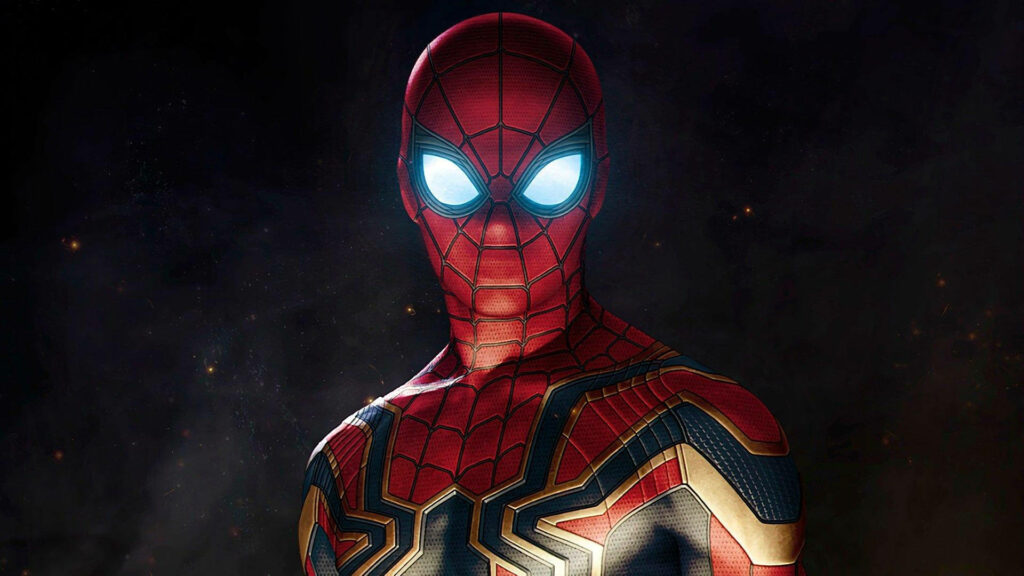 Web-slinging Marvel Hero: Stunning 4K iPhone Wallpaper Capturing Spider-Man's Intense Close-up in Iconic Red Suit with Brilliant Blue, Gold Details, and Mesmerizing Glowing Eyes
