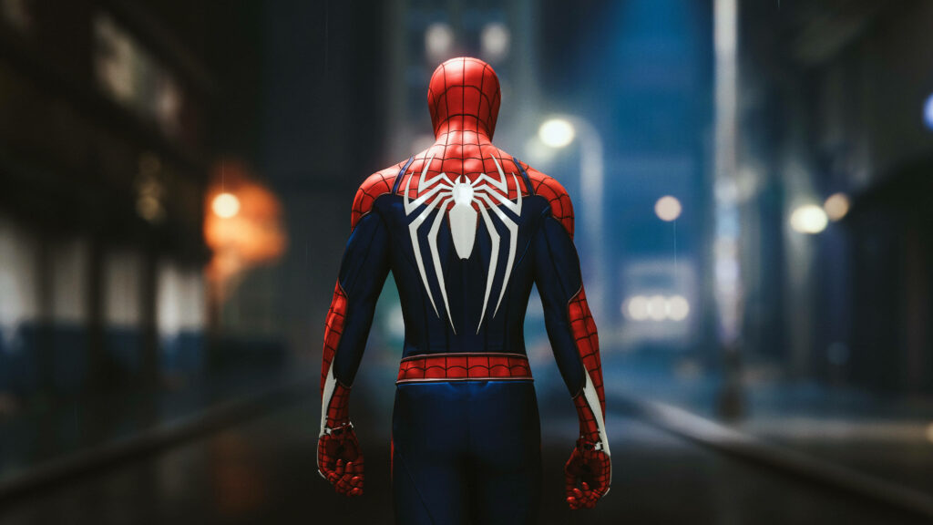 Spinning Shadows: A High Definition Superhero Wallpaper Revealing Spider-Man's Iconic Back Emblem