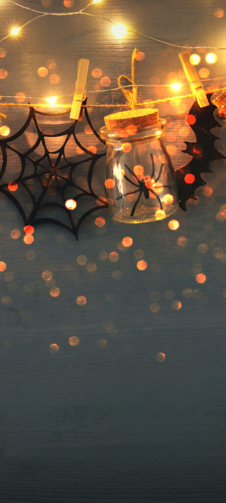 Spooky Spectacle: Captivating Halloween Phone Background with Creepy Spider, Cobweb, and Bat Designs Wallpaper