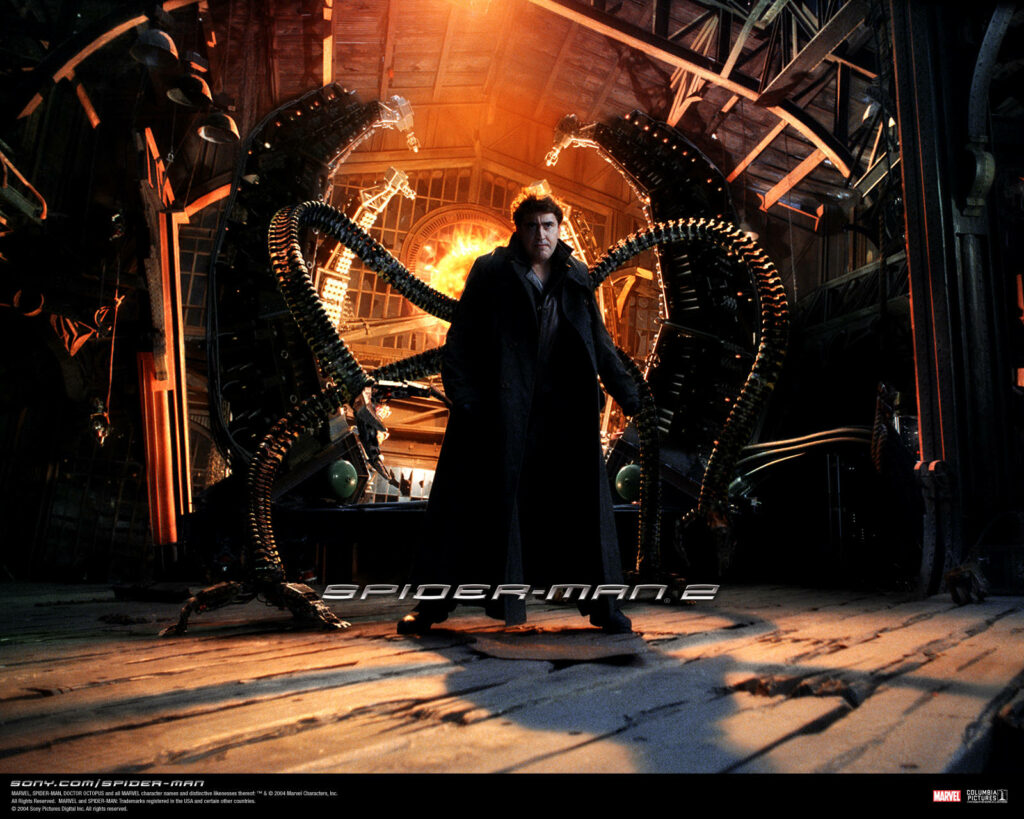 Spider Man 2 wallpaper Alfred Molina as Doctor Octopus with mechanical tentacles in industrial scene