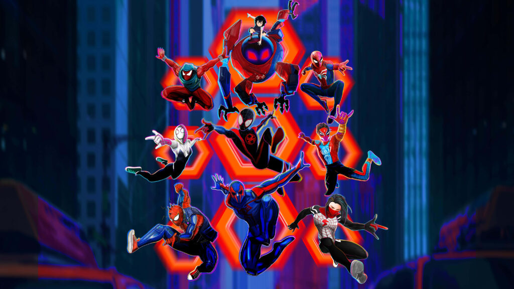 Vibrant Spider-Man Across the Spider-Verse wallpaper featuring dynamic team action poses cityscape
