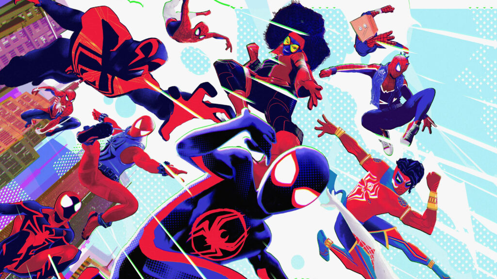 Spider-Man Across the Spider-Verse team in dynamic poses with colorful energetic background wallpaper