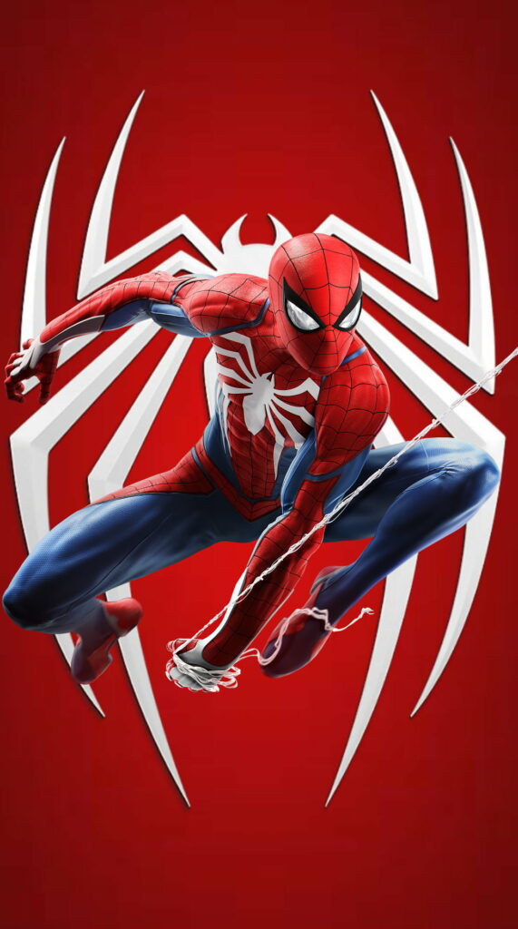 Spider-Man action pose on red background with white spider emblem HD mobile wallpaper