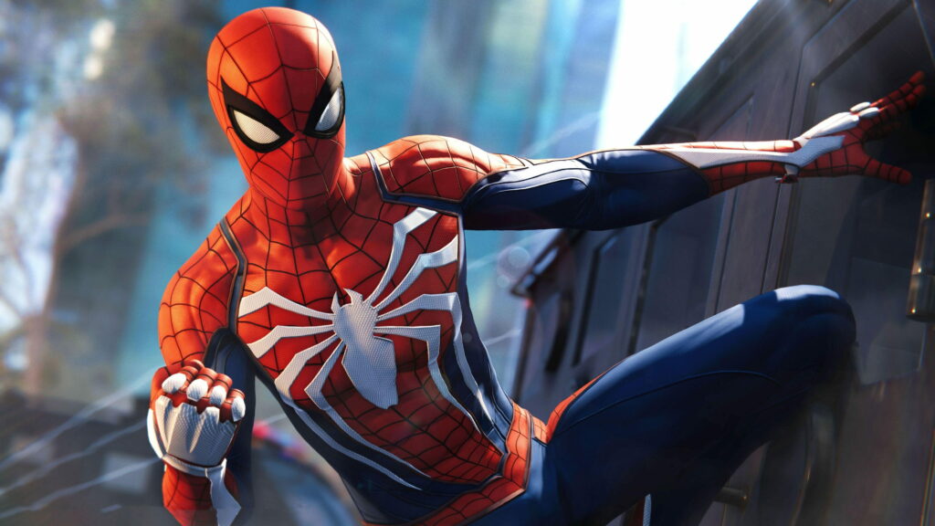 Spider-Man in advanced suit leaps heroically with blurred city skyscrapers background HD wallpaper