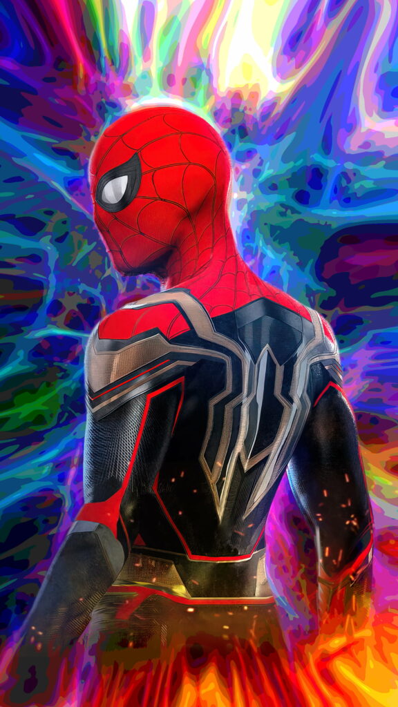 Spider-Man in advanced suit with vibrant multiverse background, Avengers No Way Home wallpaper