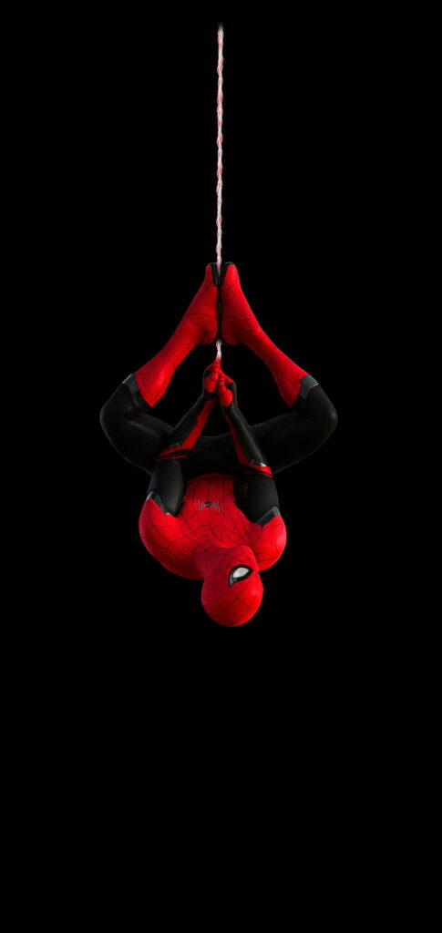 Spider-Man in black and red suit hangs upside down on sleek black background HD wallpaper