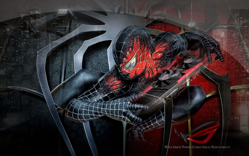 Spider-Man in black suit holding Asus ROG laptop with Conquest Your Game wallpaper background