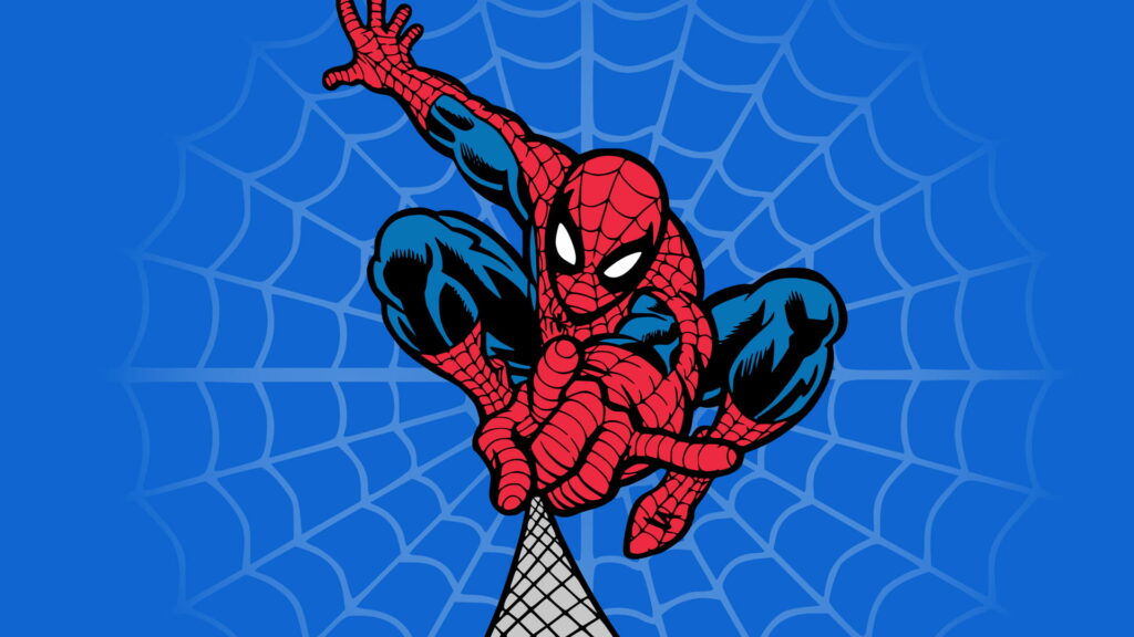 Spider-Man leaps shooting web in classic comic style on bold blue web-patterned HD wallpaper