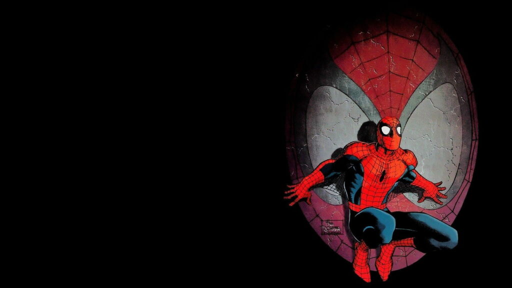 Spider-Man classic suit crouched heroically with large spider web background HD wallpaper
