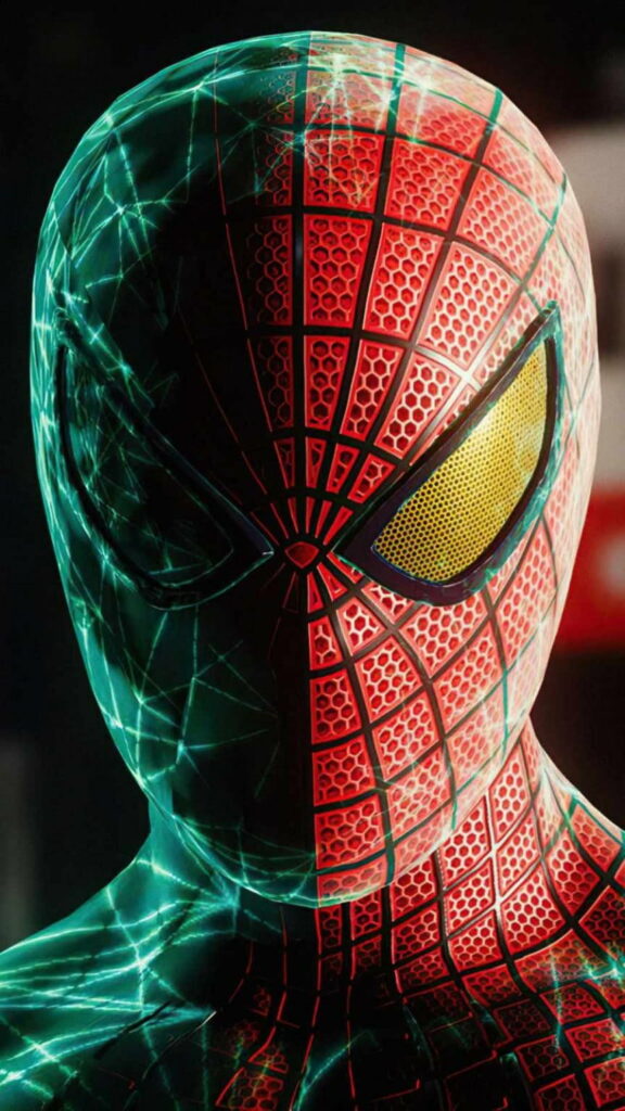 Close-up Spider-Man wallpaper with detailed web patterns, vivid red-blue suit, and yellow eyes.