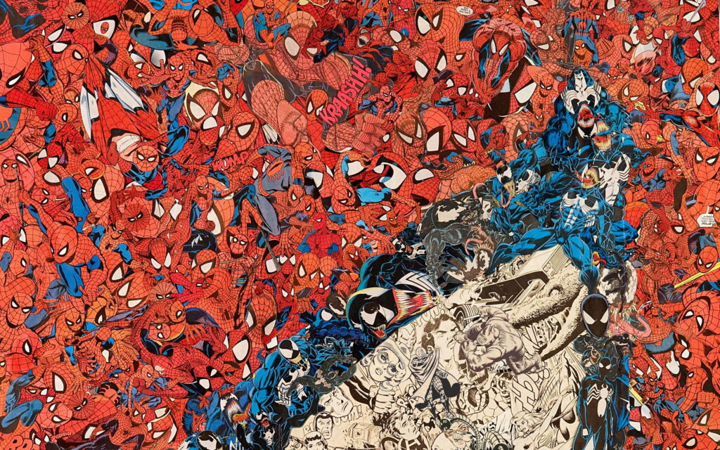 Vibrant Spider-Man comic collage wallpaper with iconic poses and colorful cartoon background