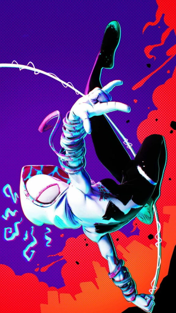 Spiderman and Ghost Spider swinging through vibrant comic cityscape HD phone wallpaper background
