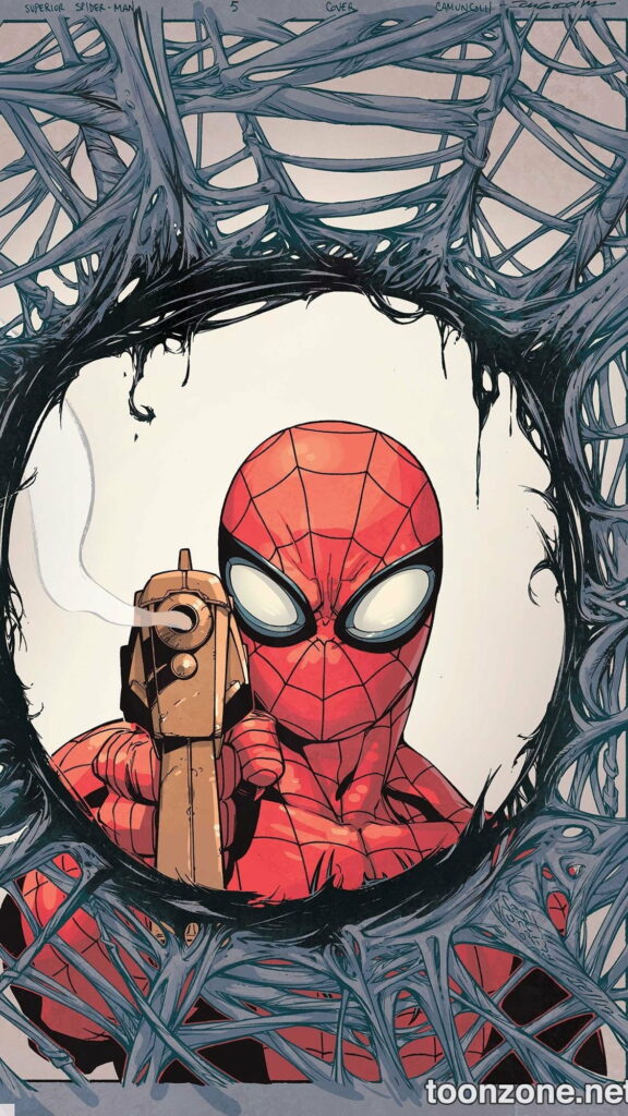 Spiderman aiming gadget through web frame HD comic wallpaper vibrant superhero phone screen