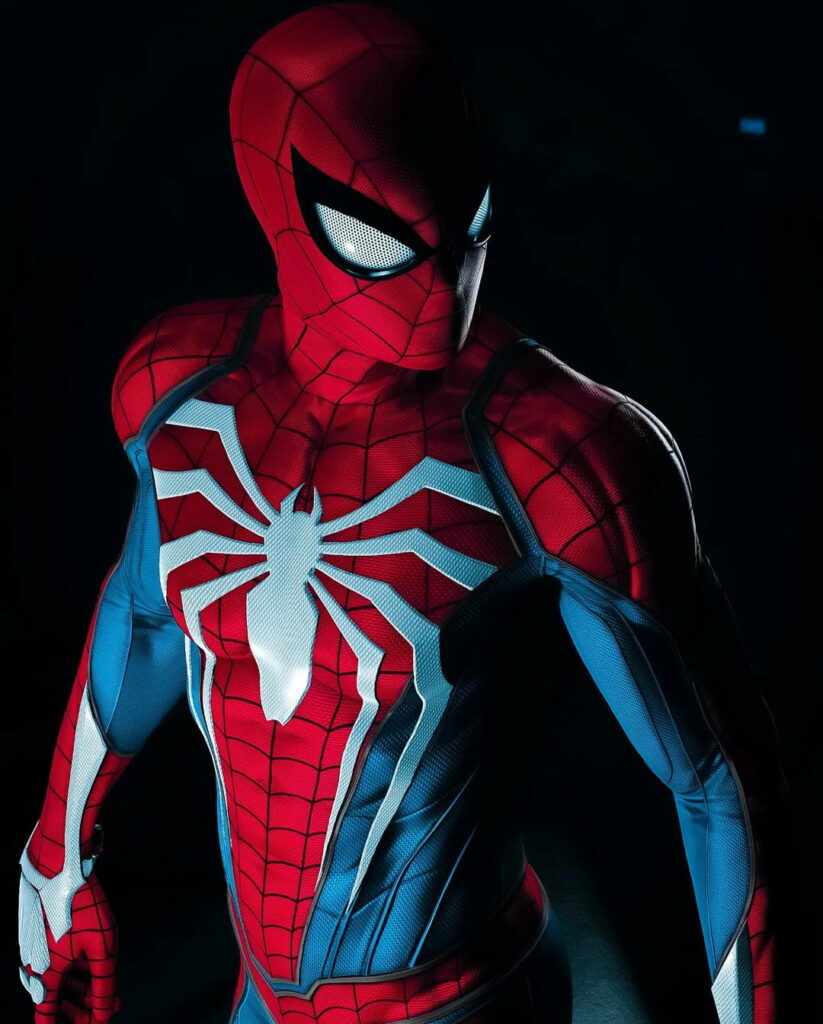 Spider-Man HD wallpaper with red, blue suit, white spider emblem on dark dramatic background