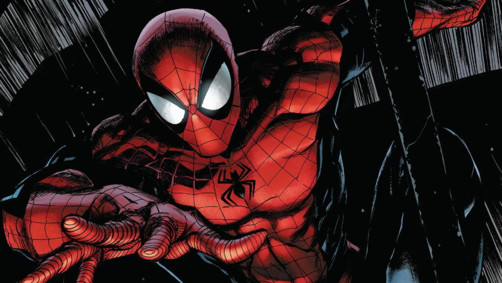 Spiderman in red and blue suit swinging dynamically in comic book style HD wallpaper background