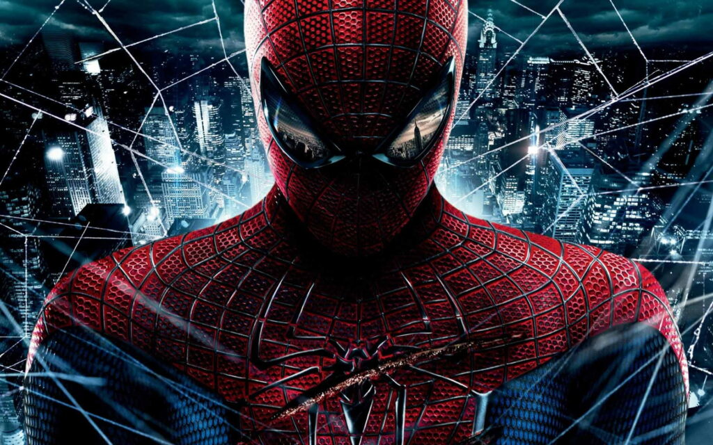 Spider Man close-up HD wallpaper in red and blue suit with glowing cityscape and web background